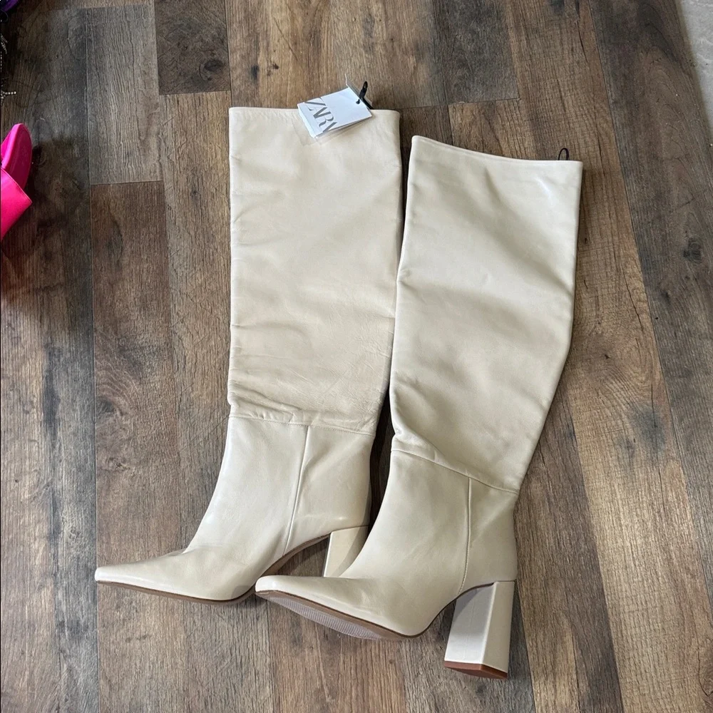 Knee-High Block Heel Boots in Cream - Picture 4 of 6